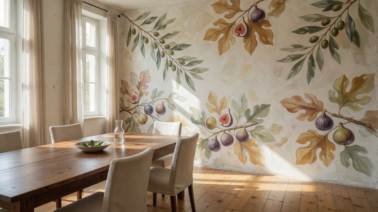 Dining room with a full-wall olive and fig mural