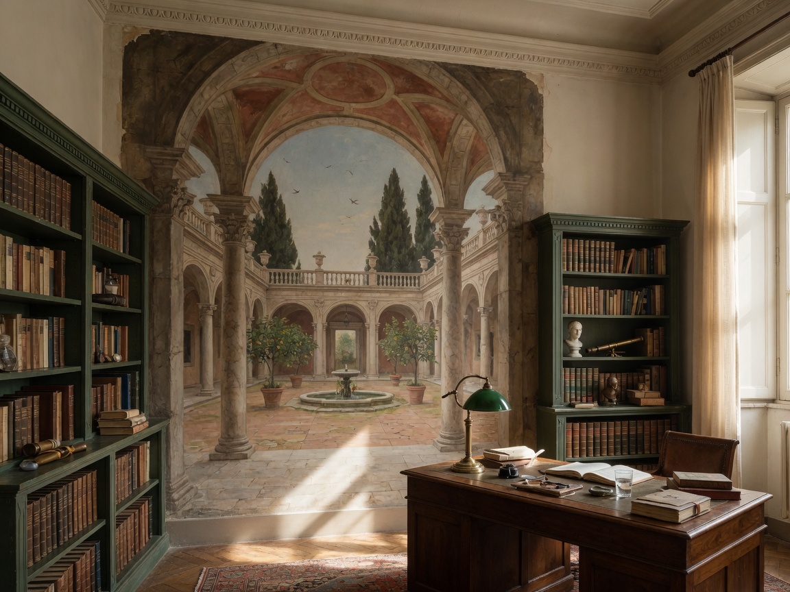 Library with painted colonnade mural