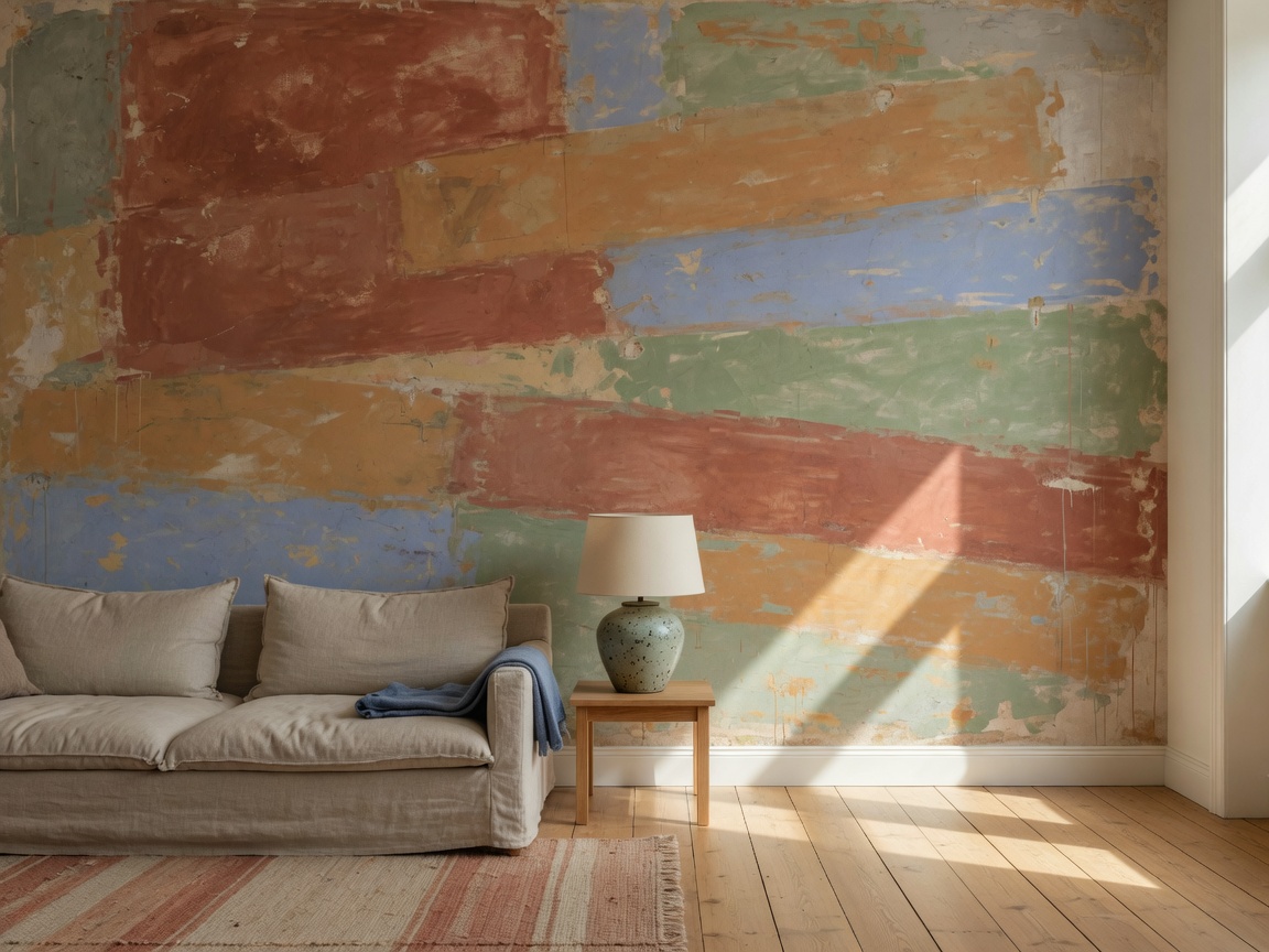 Living room with abstract terracotta mural
