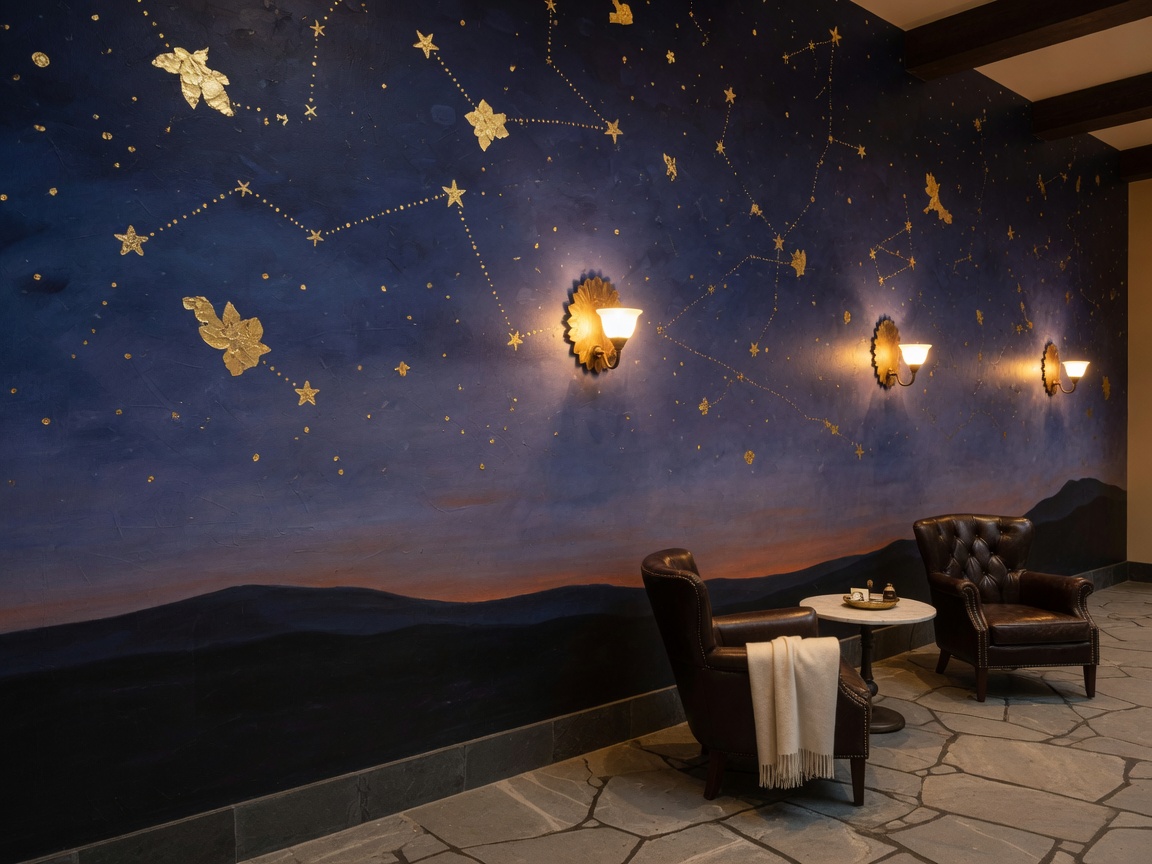 Hotel lobby with night-sky mural