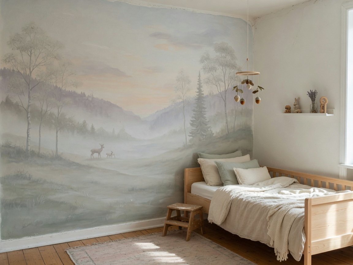 Nursery with misty woodland mural