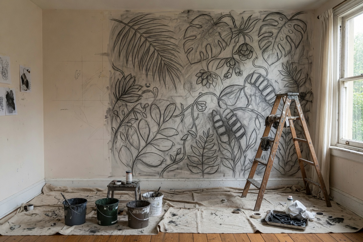 Full-wall charcoal cartoon of tropical leaves, drop cloths and paint buckets on the floor