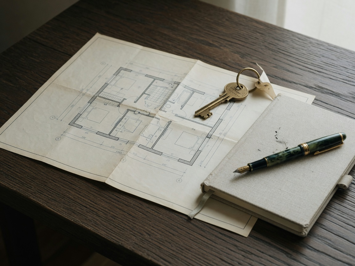 Architectural plans, brass key, and linen notebook on a dark oak desk