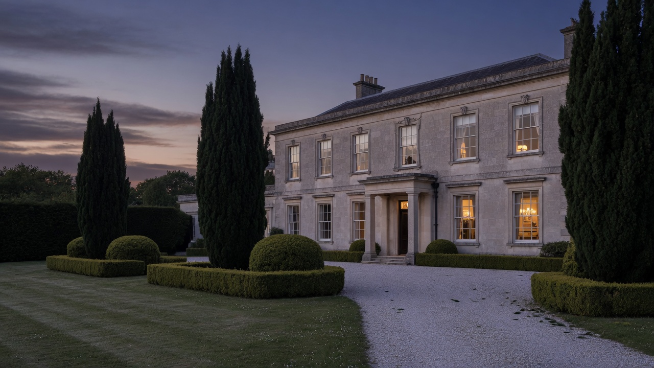 Limestone country house at dusk with cypress and a gravel drive