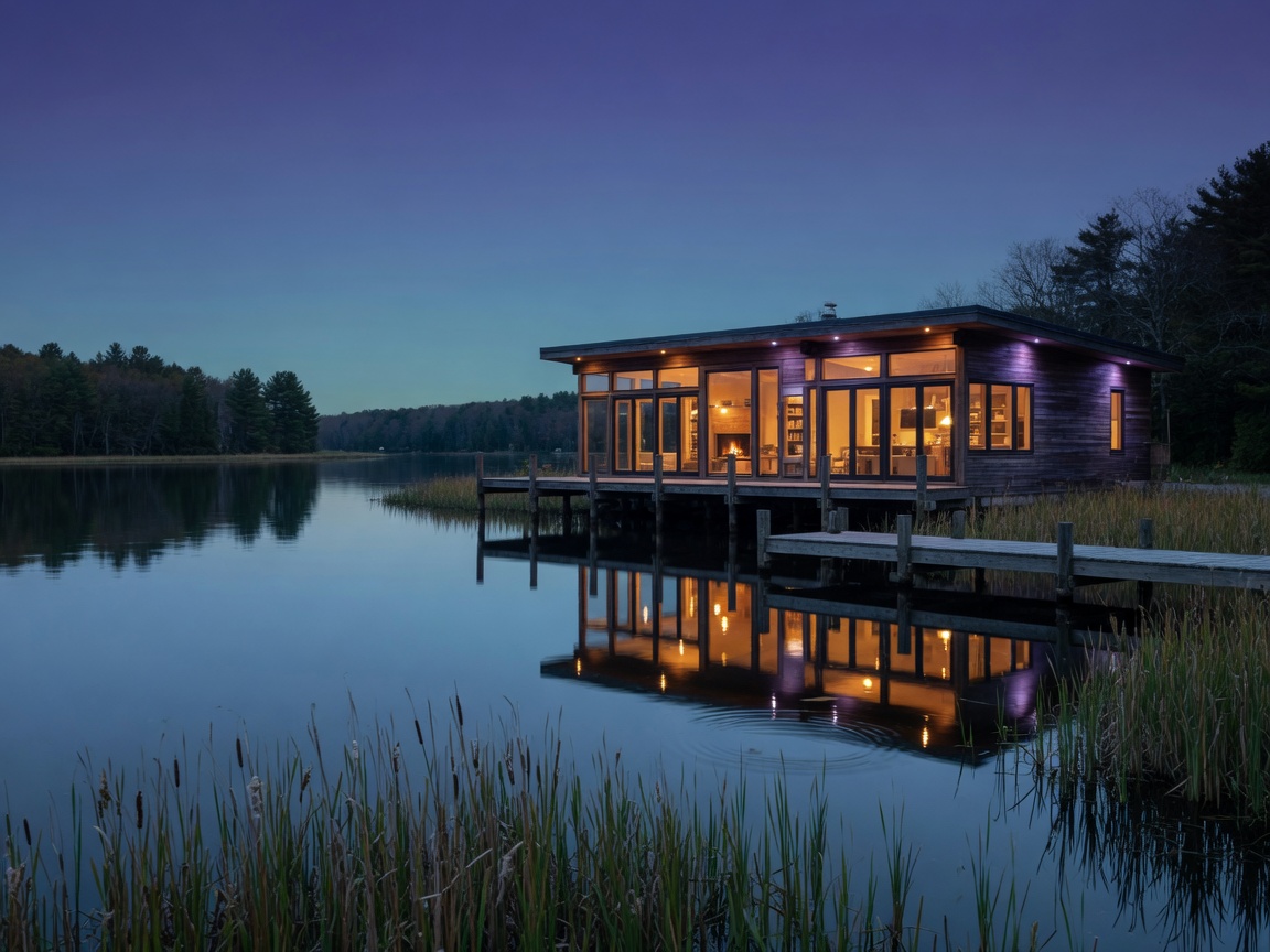 North Jetty waterfront house at blue hour