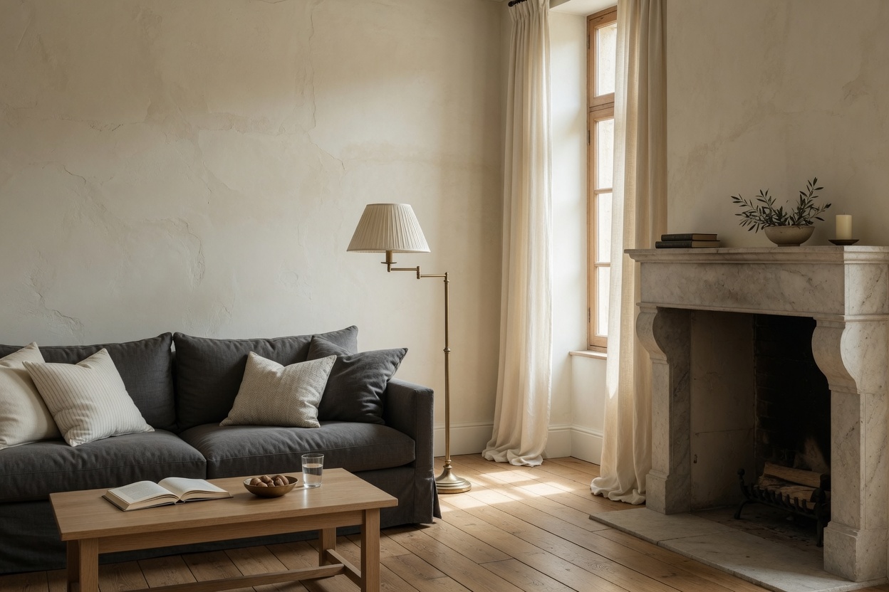 Quiet salon with plaster walls and morning light